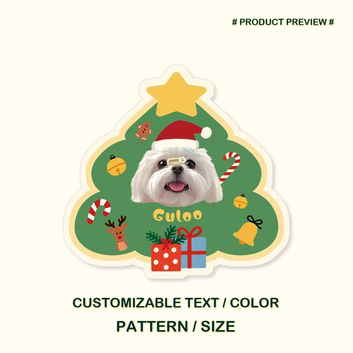Custom freeform pet rug preview shaped like a decorated Christmas tree