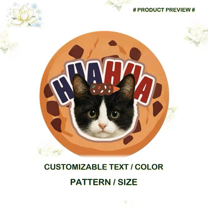 Custom round cat portrait rug preview with a playful cookie design