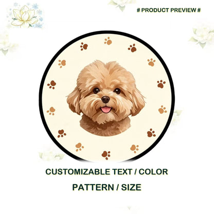 Custom round fluffy dog portrait rug preview with scattered paw print pattern