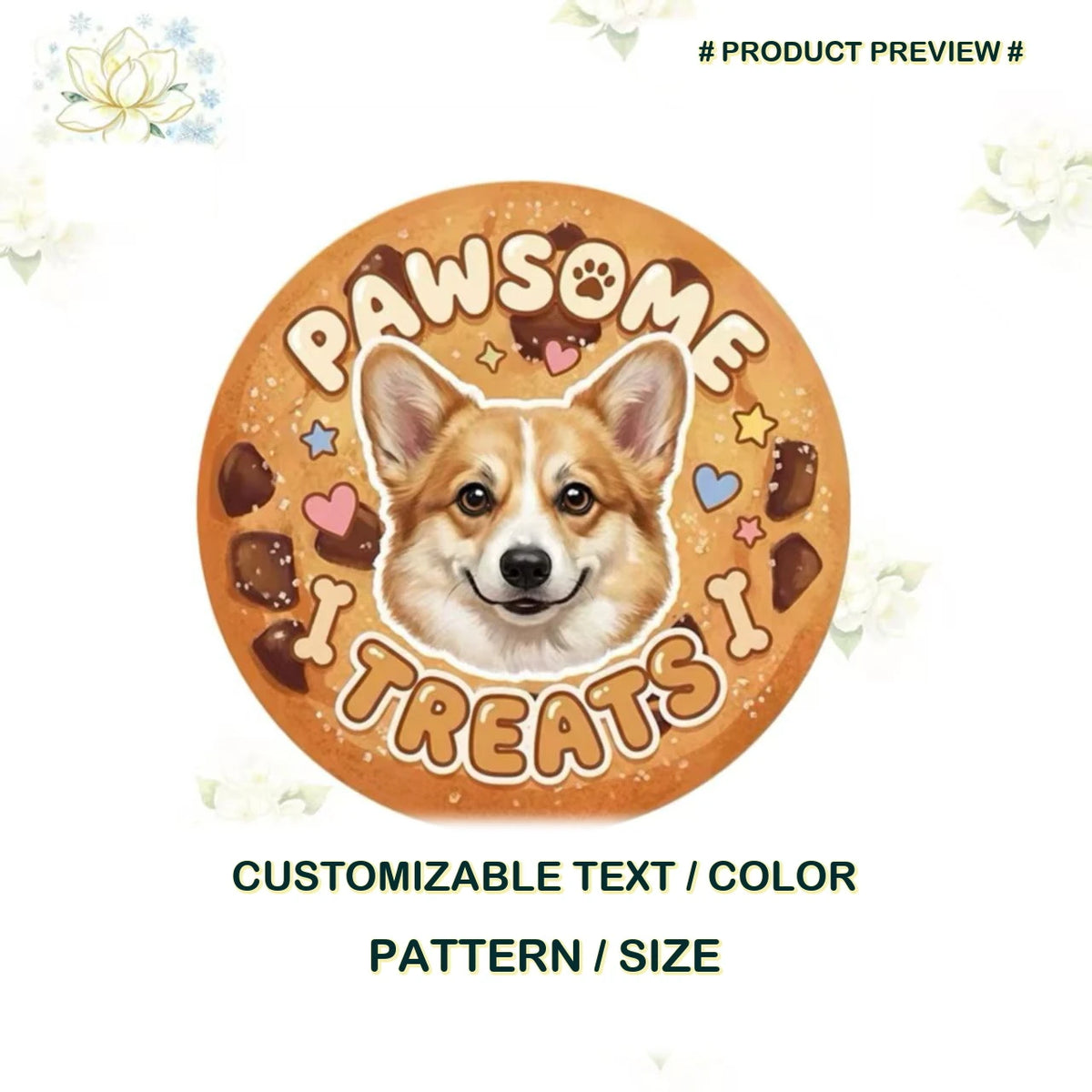 Custom round corgi portrait rug preview with Pawsome Treats design