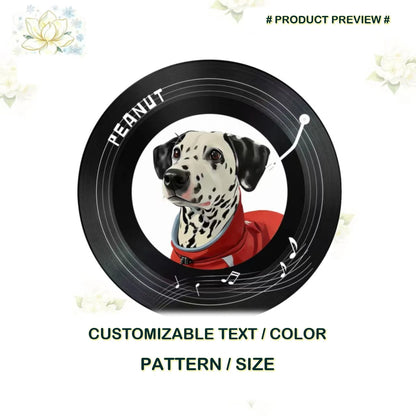 Custom round Dalmatian portrait rug preview with a black vinyl record design