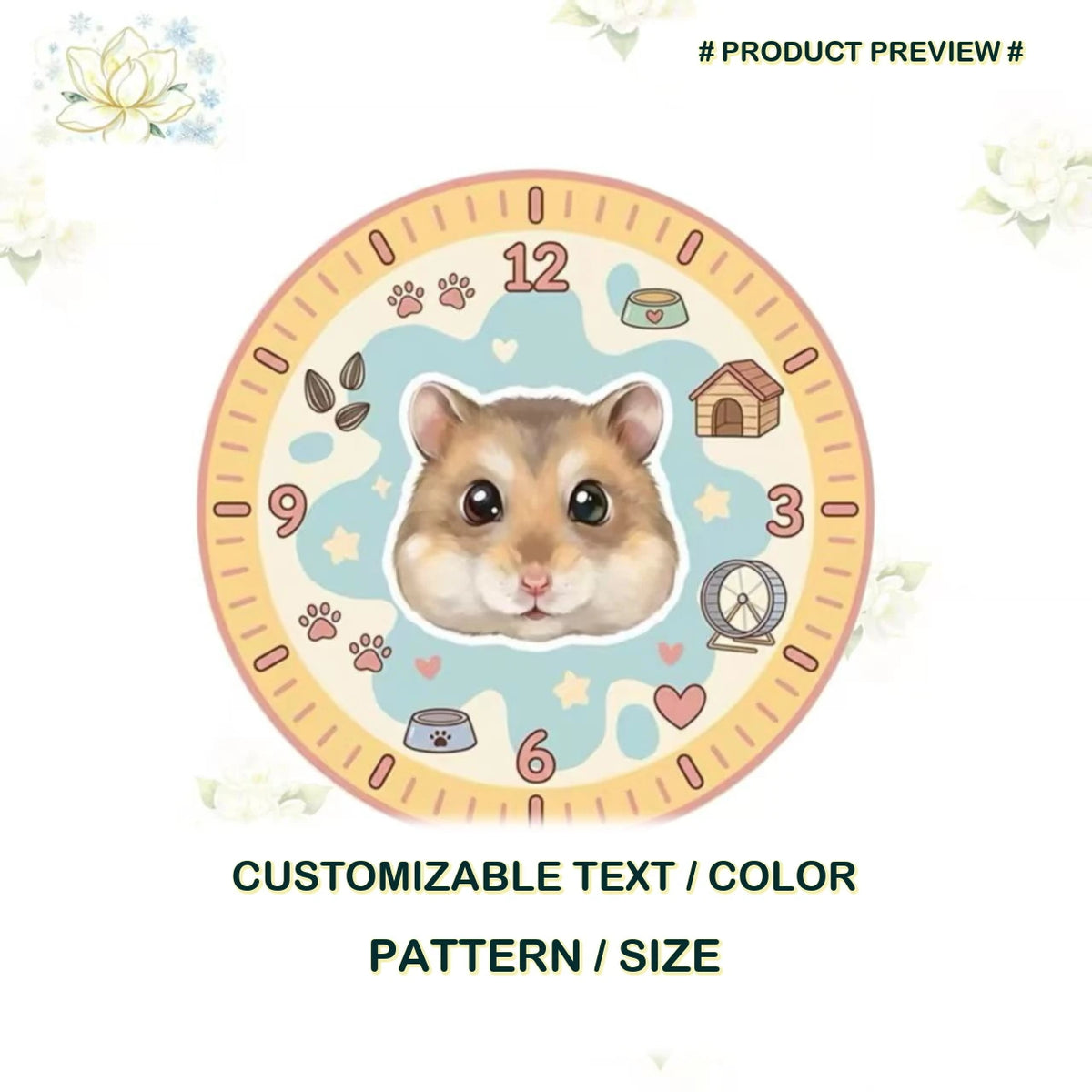Custom round hamster portrait rug preview with a colorful clock design