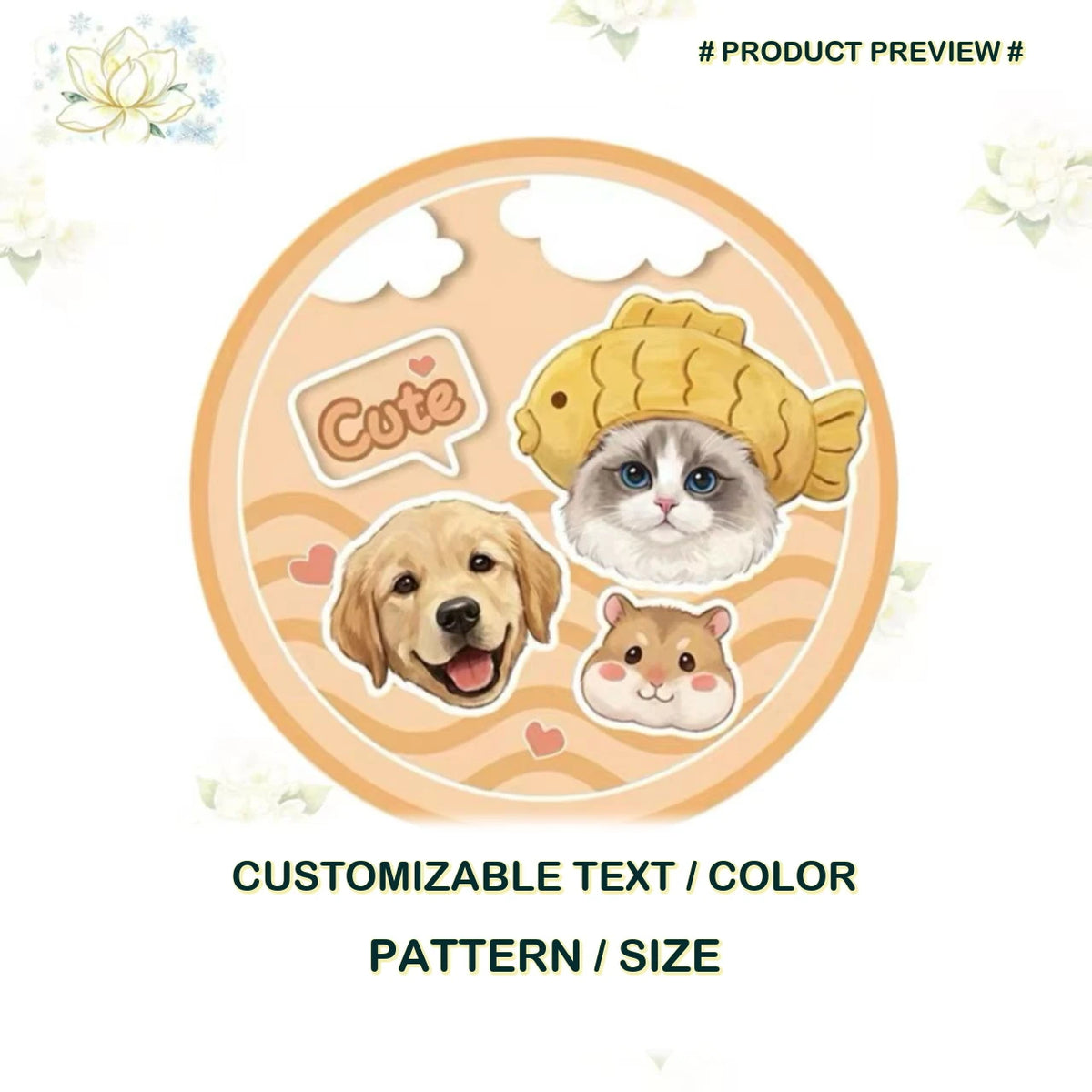 Custom round multi-pet portrait rug preview with dog, cat, hamster, and heart illustrations