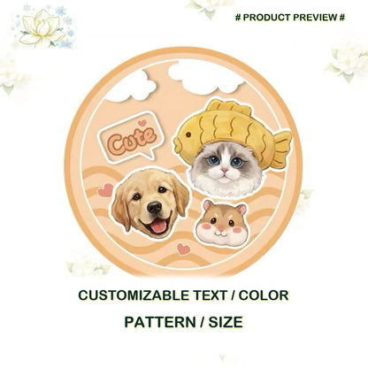 Custom round multi-pet portrait rug preview with dog, cat, hamster, and heart illustrations