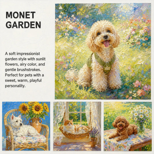 Custom Monet-inspired pet portrait on canvas with a colorful garden background