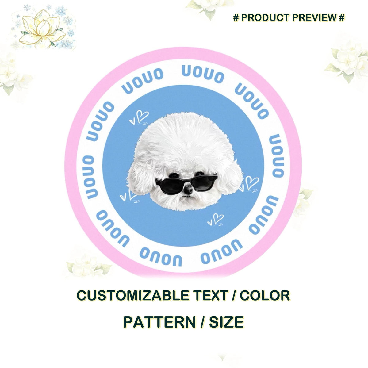Custom round white poodle portrait rug preview with blue background and pink border