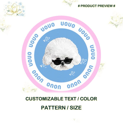 Custom round white poodle portrait rug preview with blue background and pink border
