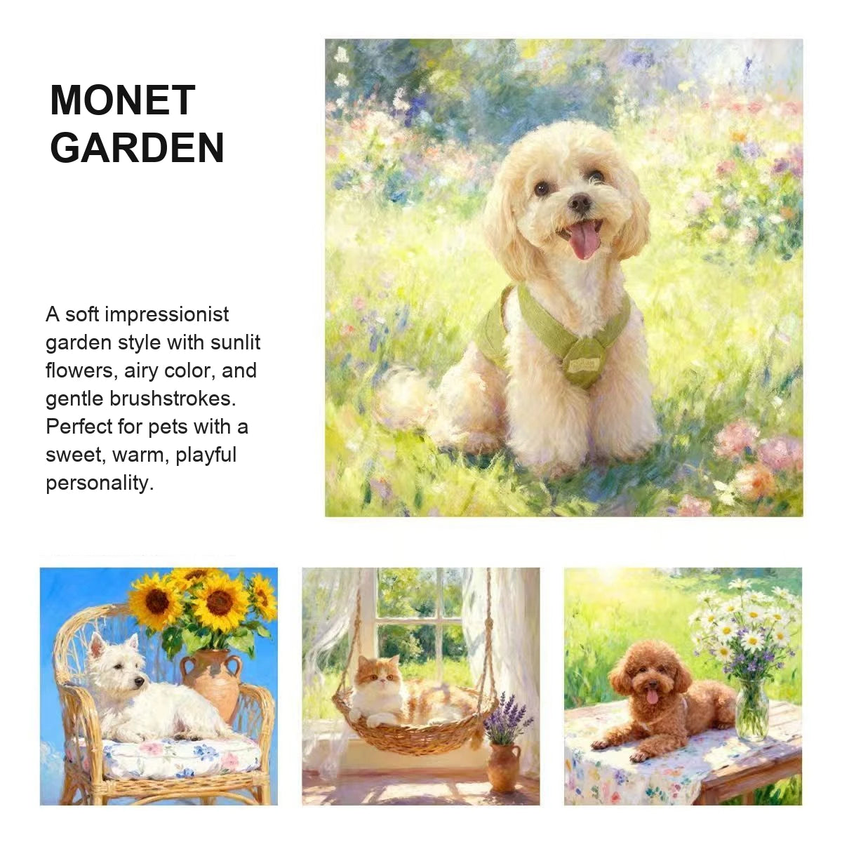 Monet Garden custom pet portrait with soft light, greenery, and flowers