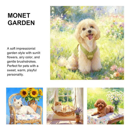 Monet Garden custom pet portrait with soft light, greenery, and flowers