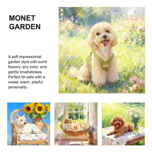 Monet Garden custom pet portrait with soft light, greenery, and flowers