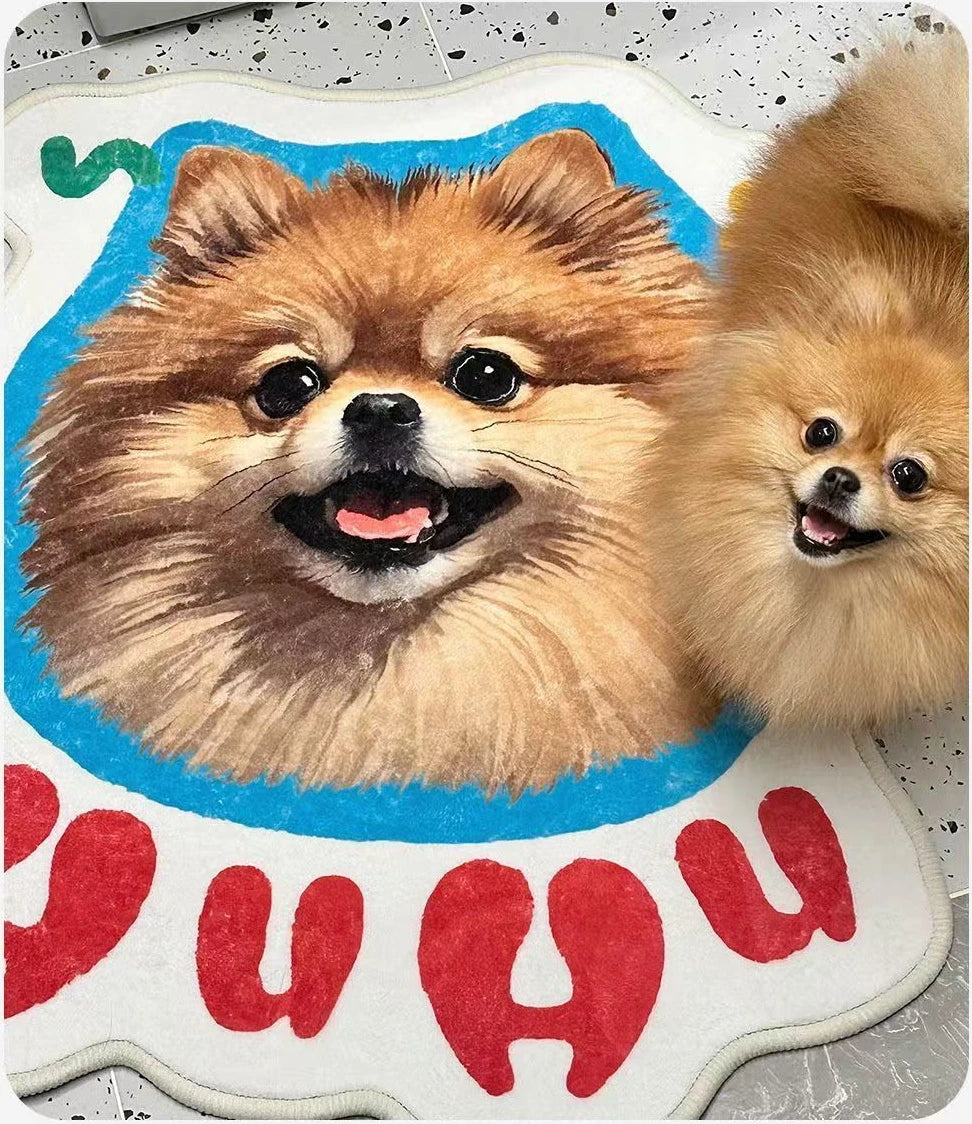 Custom freeform pet rug featuring pomeranian shown in a real home