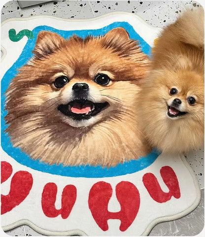 Custom freeform pet rug featuring pomeranian shown in a real home