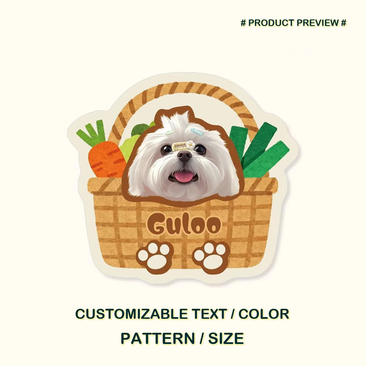 Custom freeform pet rug preview with a grocery bag illustration