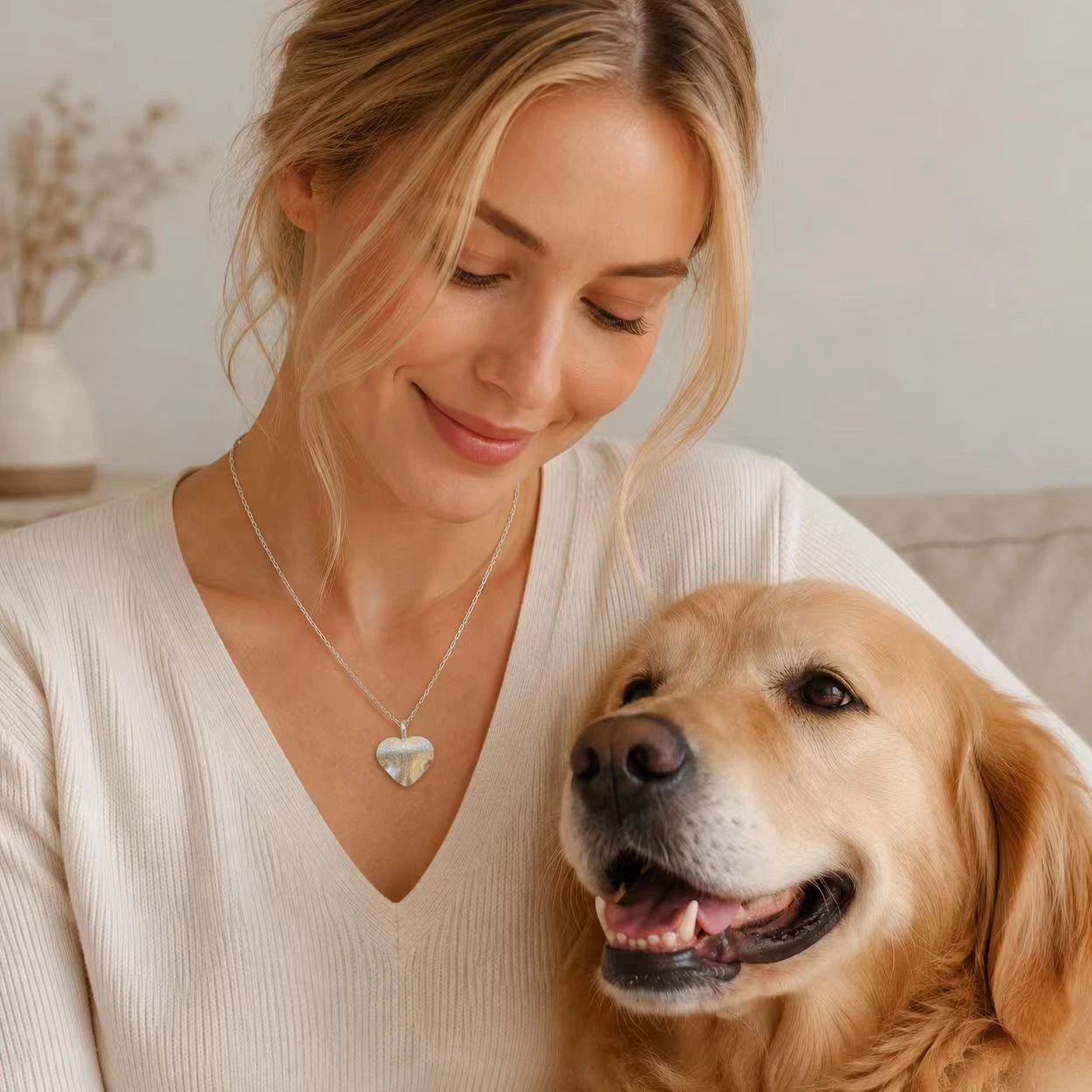 Woman in a white sweater with a heart-shaped pendant petting a golden retriever indoors.