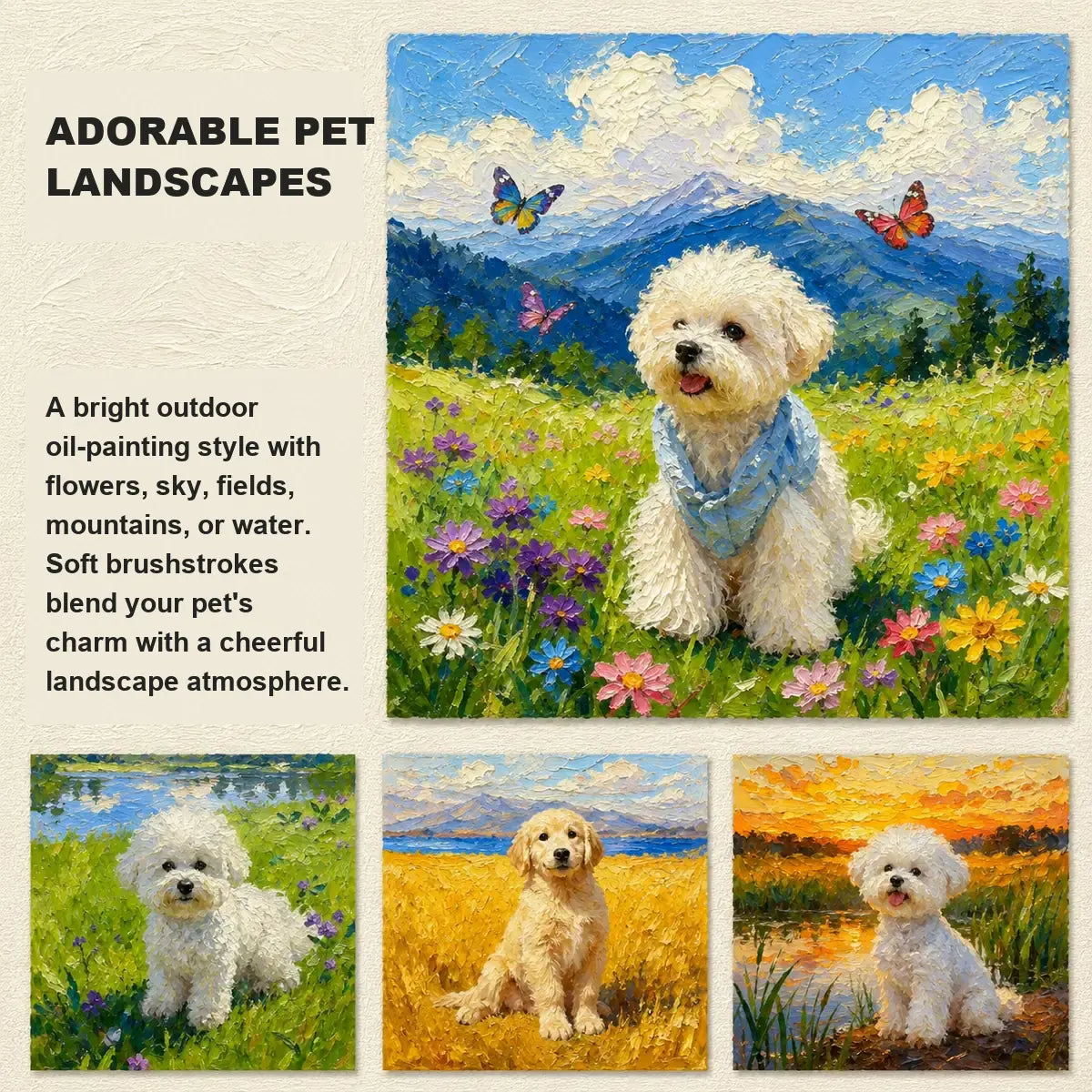 The Canvas Chronicle · Custom Multi-Layered Oil Portrait · ADORABLE PET LANDSCAPES