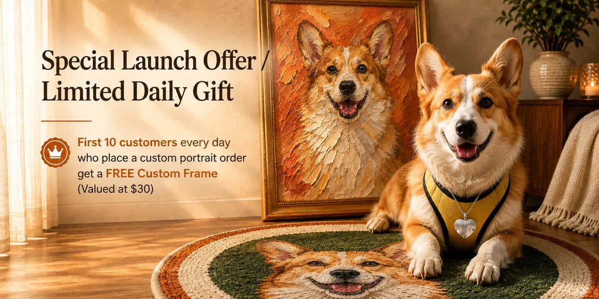 Corgi with a custom pet portrait and rug promoting a free custom frame launch offer